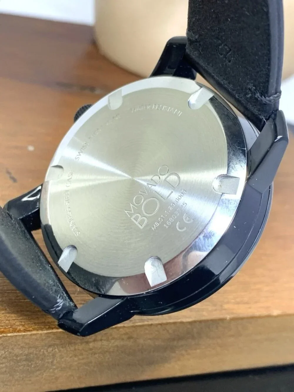Movado Men's Watch 3600307 Bold Black Blue Dial Swiss Quartz Leather Band 42mm